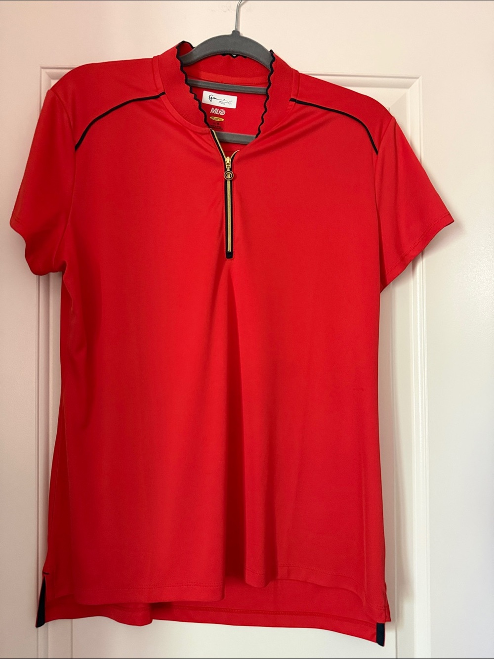 Greg Norman Collection Women’s Red Short-Sleeve Zip Polo with Black Trim